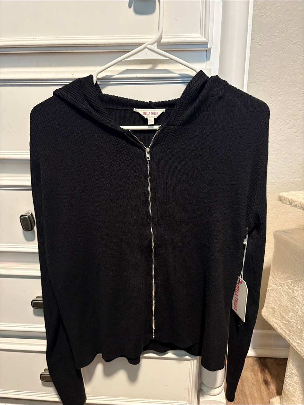 Stella Tweed Black Hooded Zip-Up Sweater